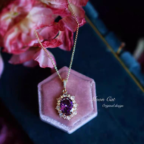 レトロ 人工アメジスト パープル ストーン キラキラ ネックレス 人工紫