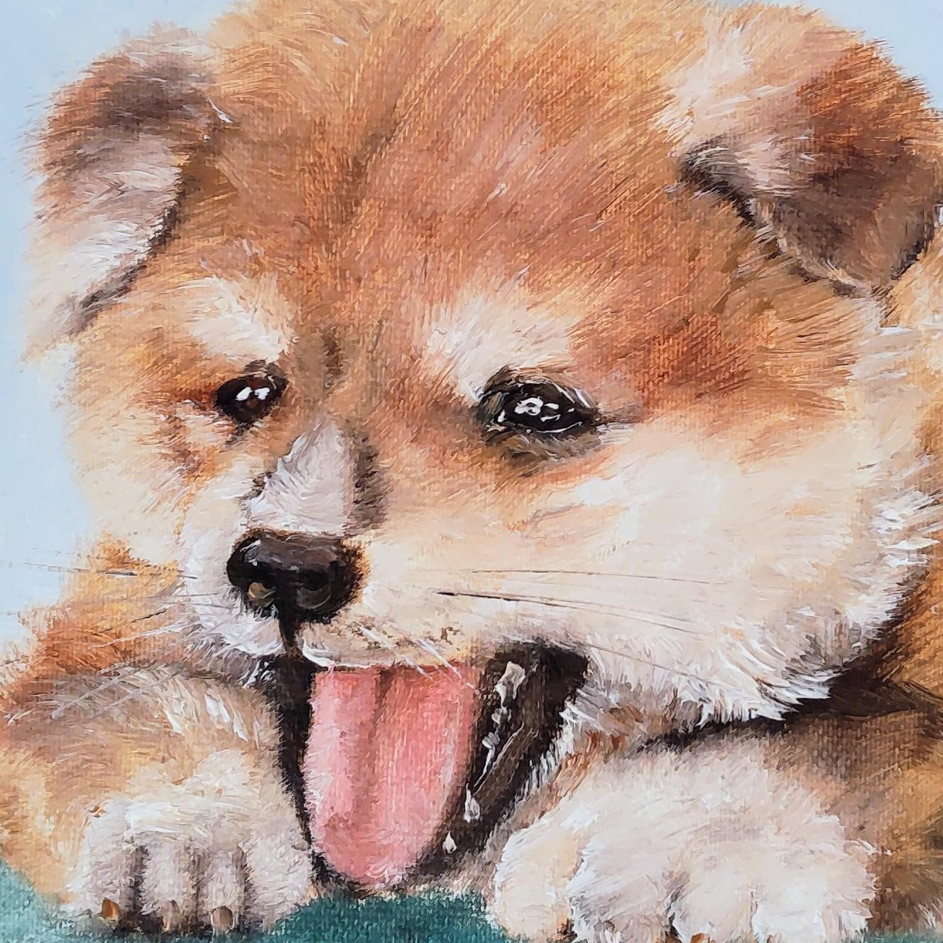 秋田犬　日本犬　夏　ひまわり　日本画　原画　絵画　水干絵具 秋田犬 日本犬 夏 ひまわり 日本画 原画 絵画 水干絵具