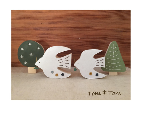 ウッド&レザーオブジェ(鳥さんと木のセット) その他置物 Tom＊Tom703