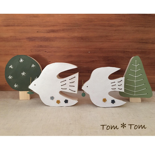 ウッド&レザーオブジェ(鳥さんと木のセット) その他置物 Tom＊Tom703