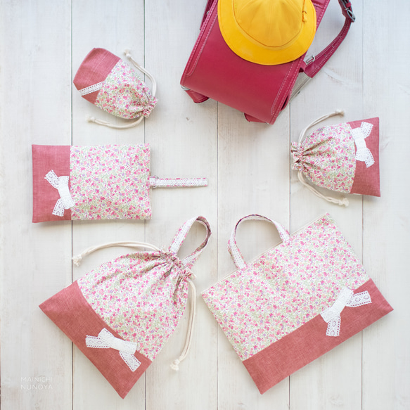 花柄＆リボンの体操着袋(着替え袋)：ピンク　｜サイズ変更対応 15枚目の画像