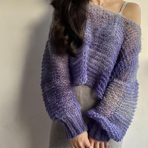 JANE SMITH / MOHAIR CREW NECK ZIP CARDIGAN/S/モヘア/パープル/22WKN-#413S 手編みシアーモヘアニット クロップ丈 長め袖 パープル ニット