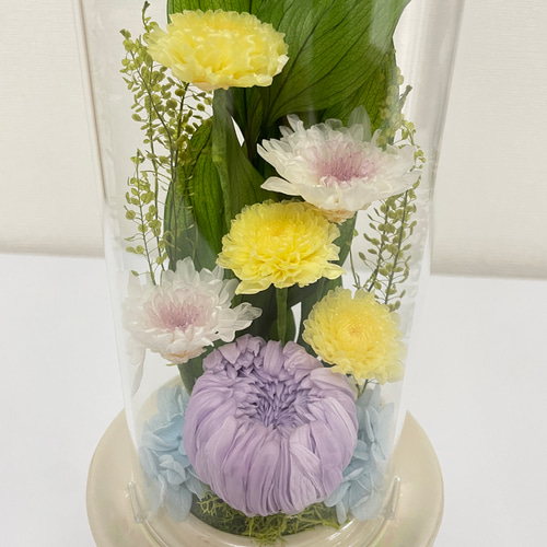 プリザーブドフラワー仏花　一基　　ガラスドーム入り　ライラックカラー　お供え Dear Bouquet プリザーブドフラワー 仏花 仏壇用 お供え 花