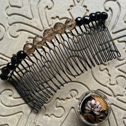 高貴なオニキス＆スモーキークオーツビーズの飾り櫛とビンテージ素材の帯留めのセット「覚醒」 1枚目の画像