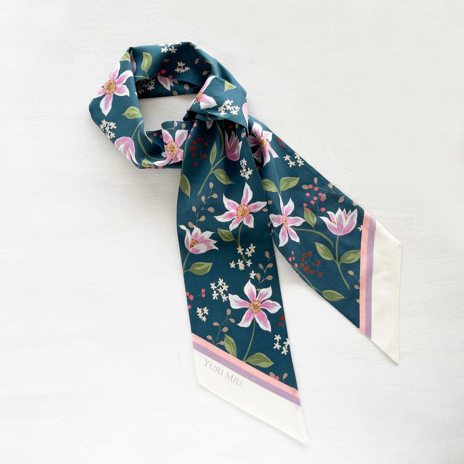 スカーフ｜クレマチス（ターコイズグリーン）［細長フォルム / コットン100%］