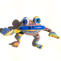 【カエル がま口 】かぎ針編みのカエル ブルー 1枚目の画像