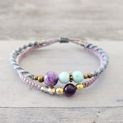 チャロアイト × ラリマー 2連 アシンメトリー マクラメブレスレット