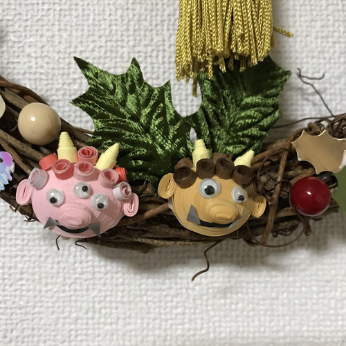 節分リース　きつねにひょっとこ　赤鬼さん　勢ぞろいです♥　節分飾り 節分お飾り☘️リース☆☘️❤にっこりきつねちゃんと赤鬼❤❤似た品を