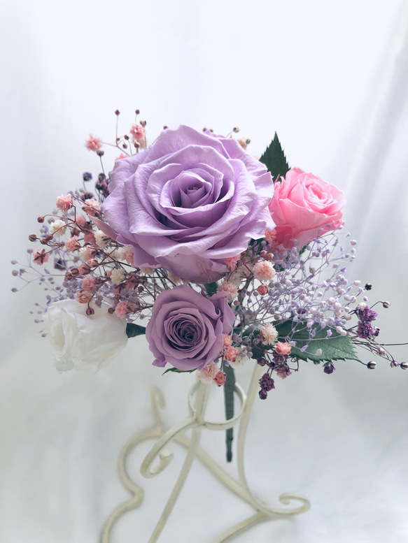 パープルローズとミニ薔薇とかすみ草の花束（プリザーブドフラワー） 2枚目の画像