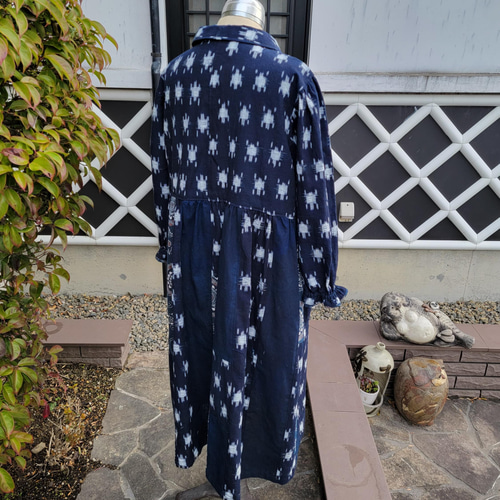 着物リメイクスカート絣雪ん子グリーン藍染ハンドメイド