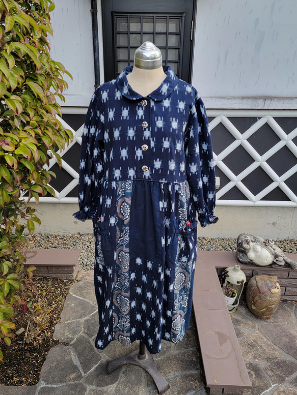 着物リメイク 手作り 絣、型染めパッチ 衿付き ワンピース ワンピース  