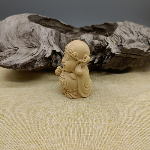 置物 Q版 財神 財神爺 ミニ 彫刻 柘植 木細工 高級天然ツゲ