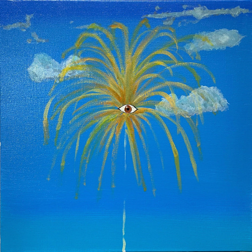 手描き抽象画（アクリル画）：「自己を見つめる目」＜裏面に詩の