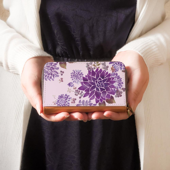 [迷你錢包/緊湊型錢包]大麗花淡紫色花卉圖案[通行證/硬幣盒] 第1張的照片