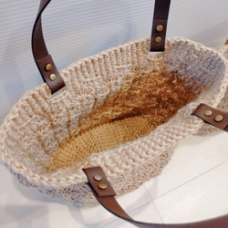 “革の持ち手の色が選べる”　麻の松編みかごバッグ 5枚目の画像