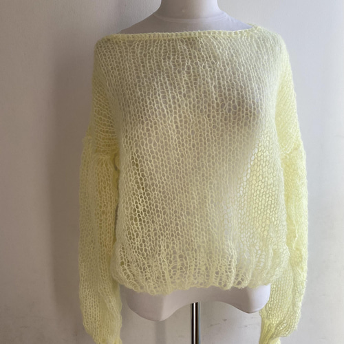 手編みシアーモヘアニット クロップ丈 長め袖 イエロー ニット