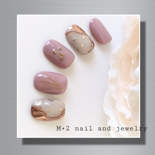 送料無料◇くすみピンクミラーネイルチップ ブラウン ニュアンス