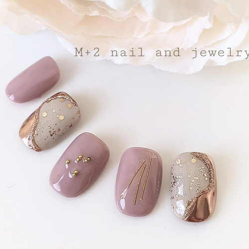 送料無料◇くすみピンクミラーネイルチップ ブラウン ニュアンス