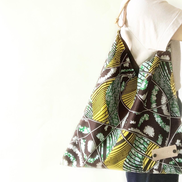［Epidote]African print × Real leather Folding bag Green&blue 6枚目の画像