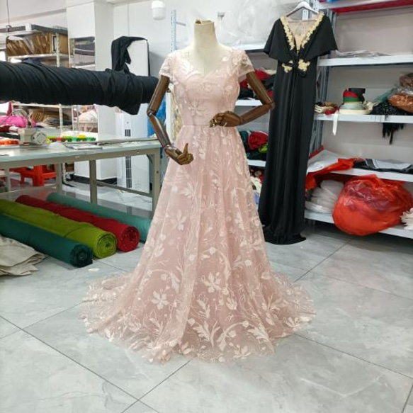 ウエディングドレス 二次会ドレス 3D立体レース刺繍 前撮り 花嫁  ピンク 1枚目の画像