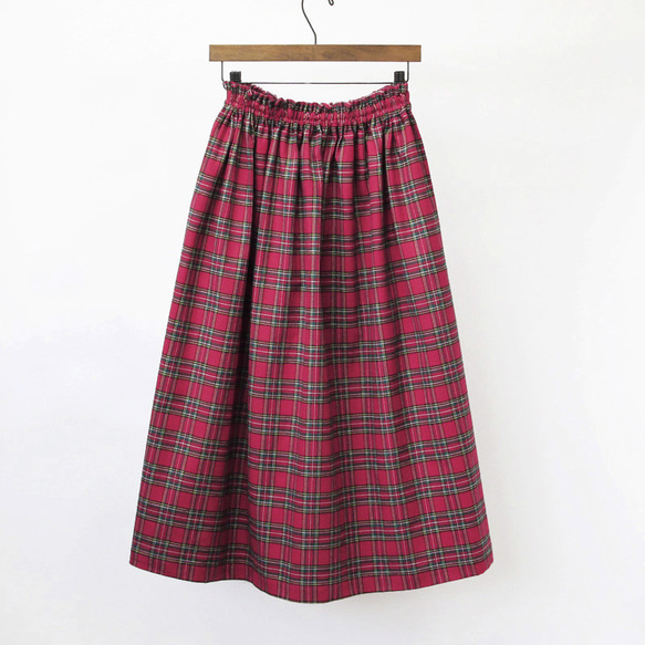 上品で大人な色合い タータンチェック ギャザースカート（レッド）赤 ポケット 5枚目の画像
