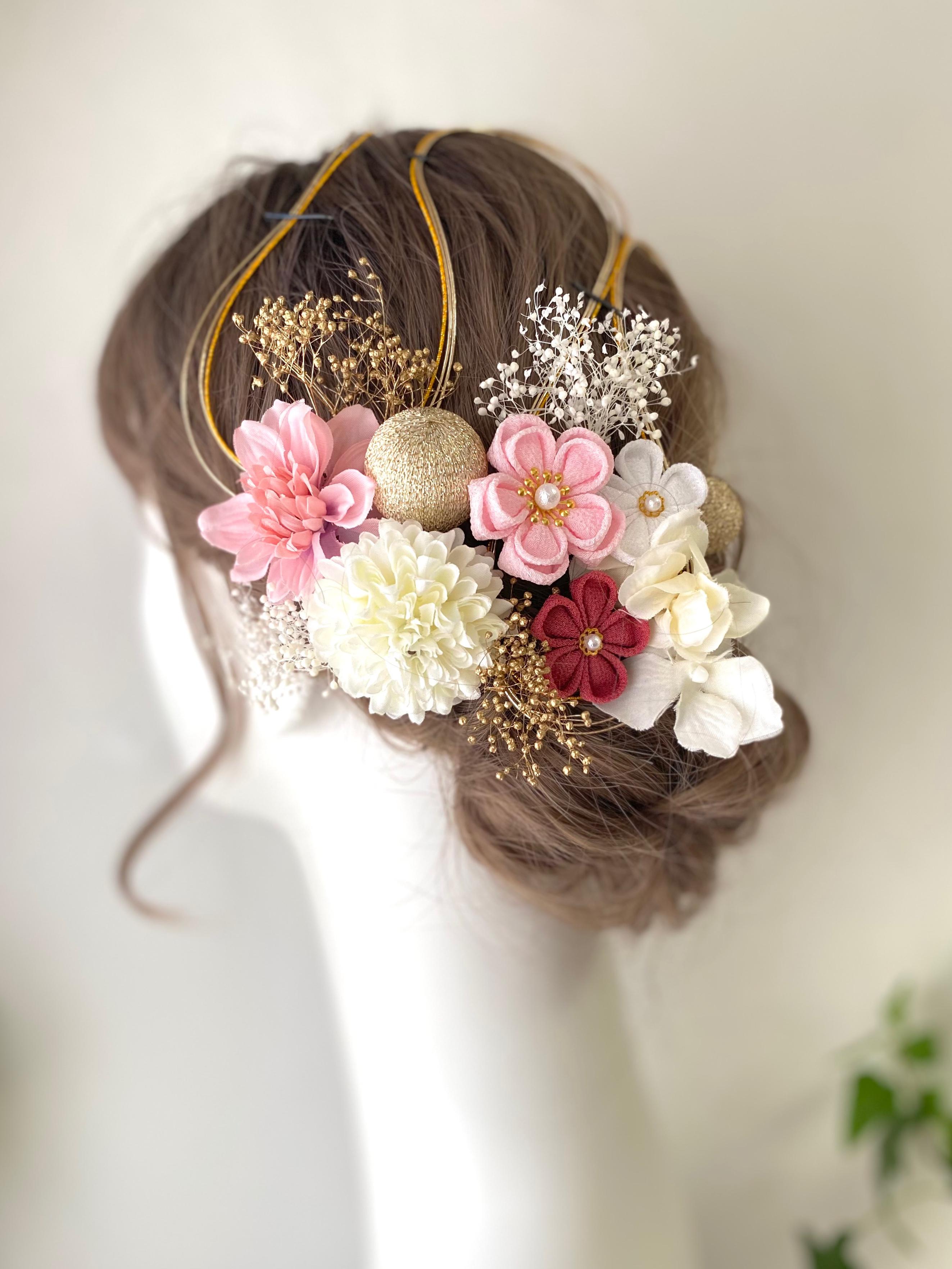 成人式　髪飾り　和装　ピンク×ホワイト　つまみ細工　水引　マム　和玉　 卒業式　結婚式