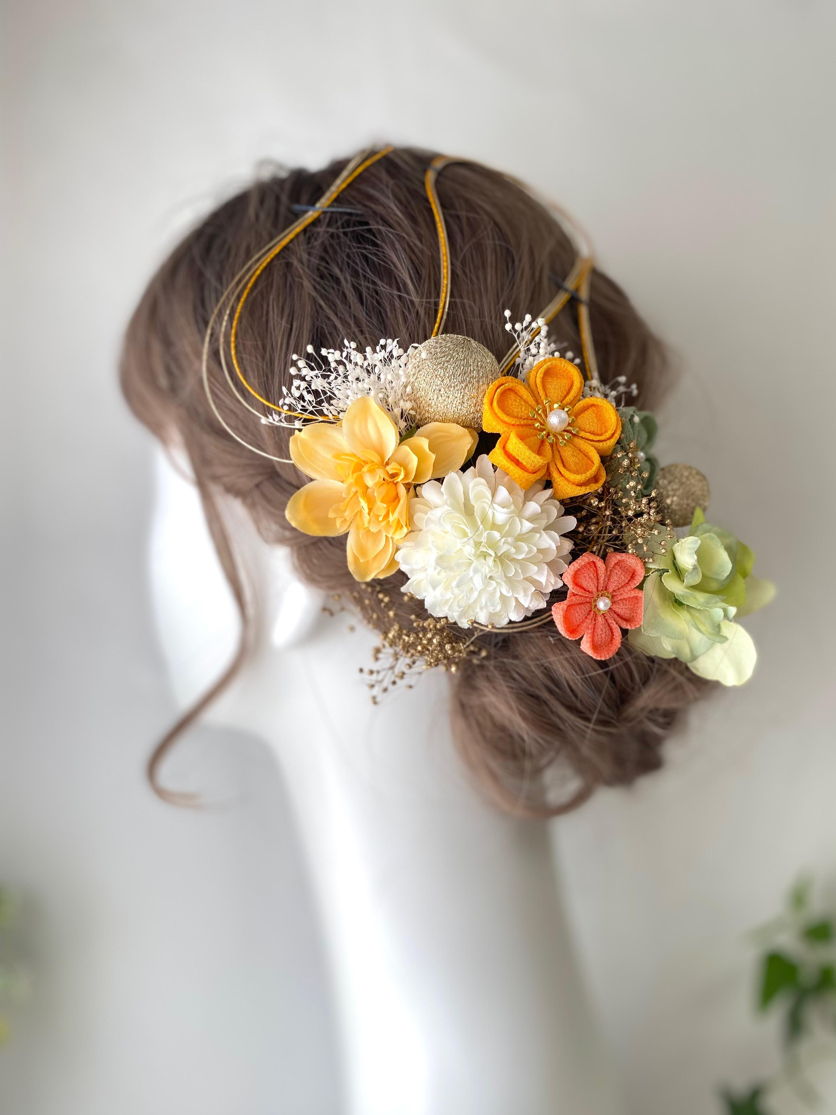 成人式　髪飾り　和装　オレンジ×ホワイト　つまみ細工　水引　マム　和玉　 卒業式　結婚式