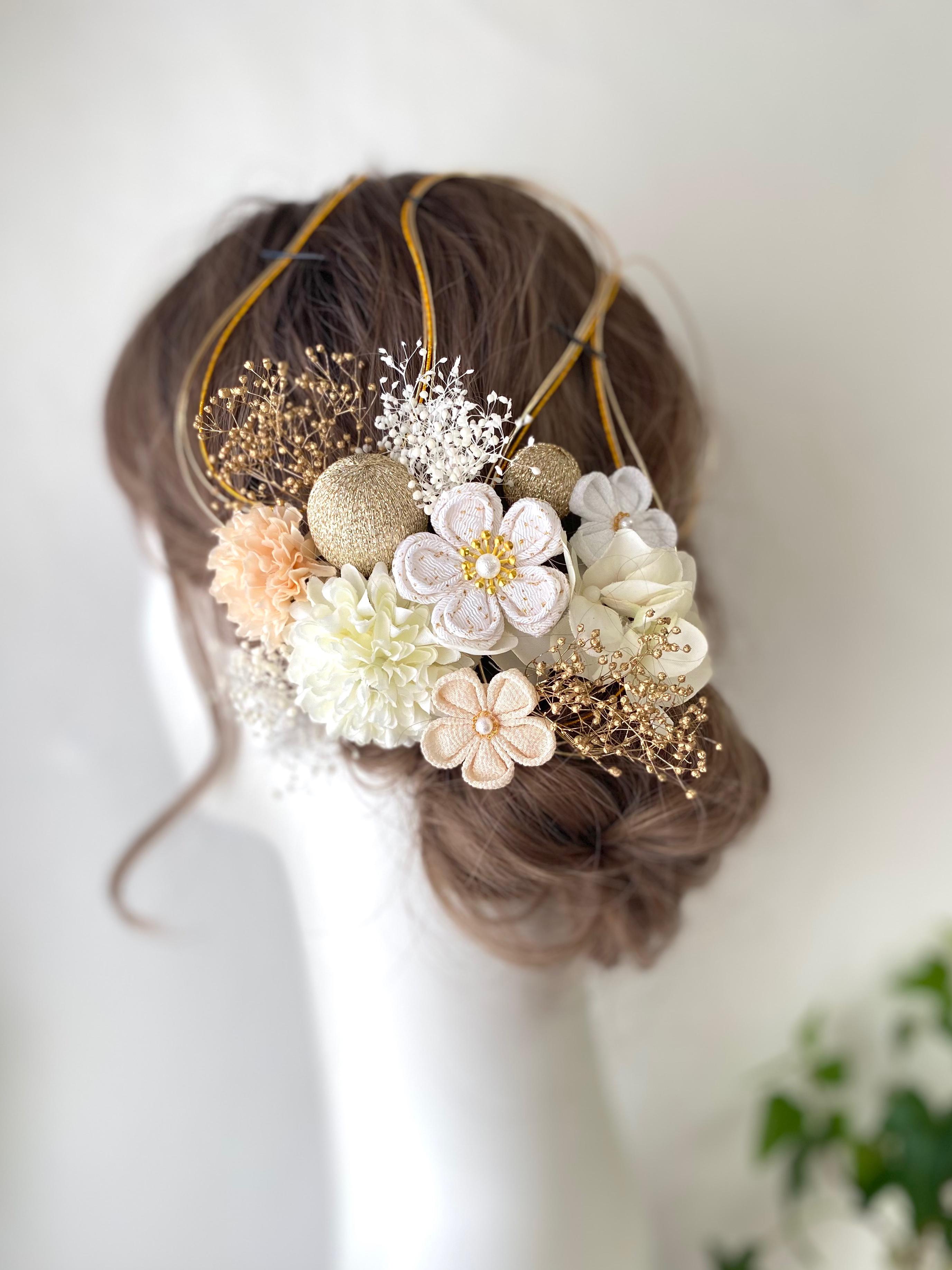 成人式　髪飾り　和装　アイボリー×ホワイト　つまみ細工　水引　マム　和玉　 卒業式　結婚式