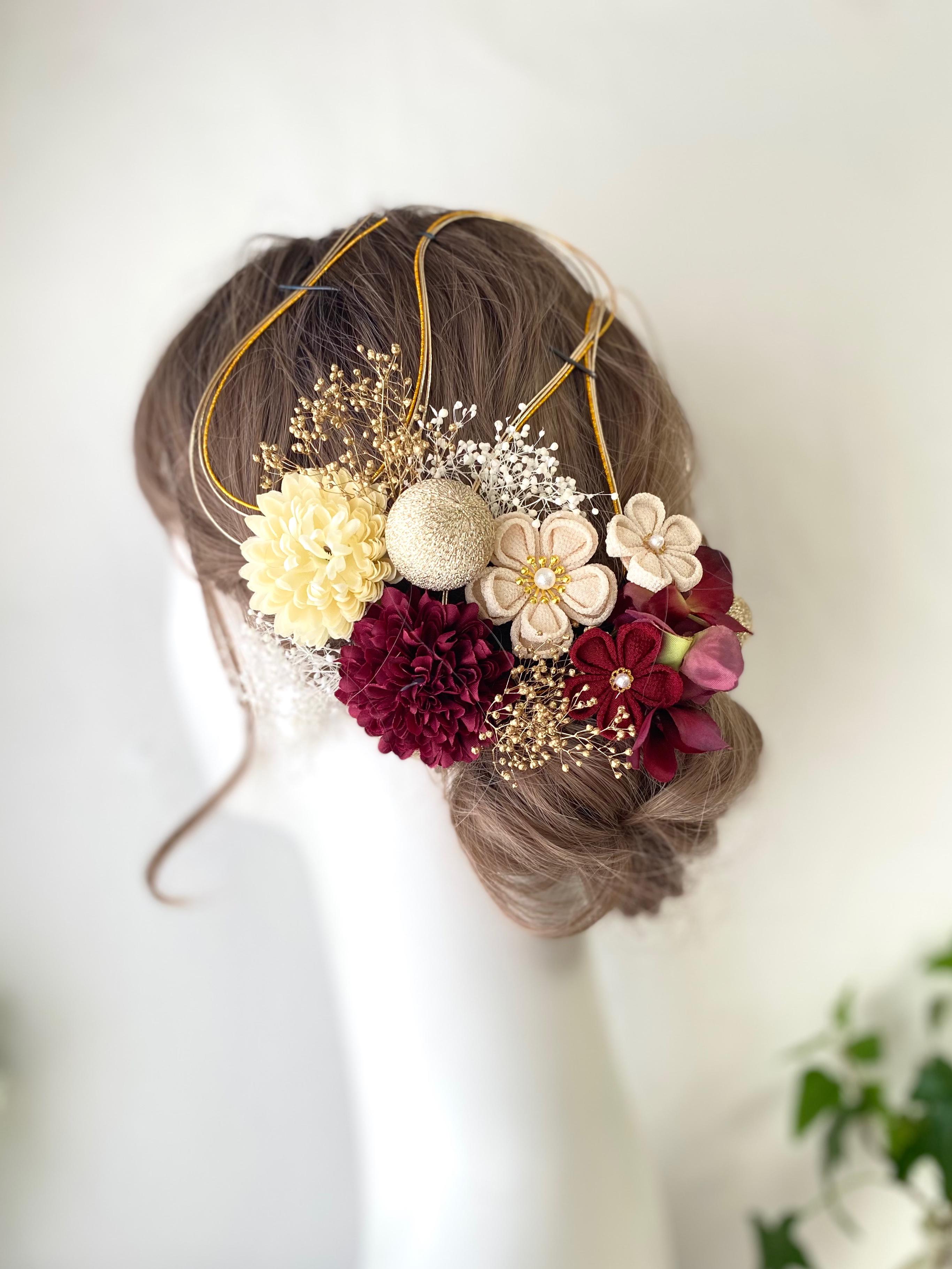 成人式　髪飾り　和装　ワインレッド×アイボリー　つまみ細工　水引　マム　和玉　 卒業式　結婚式