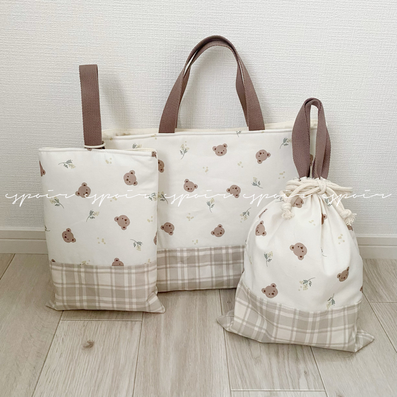 入園入学5点セット　手ありくまちゃん+花柄ライトブルー eefedd9cb39010ddc9de81224f7f65