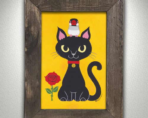 原画「黒猫と鳥と花 文鳥」アート絵画 絵画 mau 通販 13260151