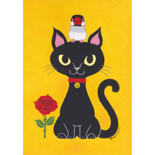 黒猫と花 静物画 原画 ミニ絵画 手描き オリジナル