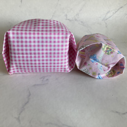 お弁当袋＆コップ袋（メルヘンミュージック柄ピンク×チェック） 4枚目の画像