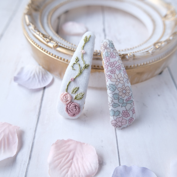 バラ刺繍パッチンピン♡ヘアゴム2点セット バラ刺繍パッチンピン♡ヘアゴム2点セット Port / ポート 】 2個セット