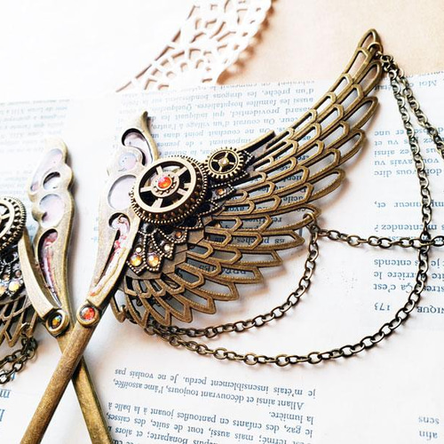 片翼の髪飾り【スチームパンク】かんざし 大正浪漫風簪 アンティーク風