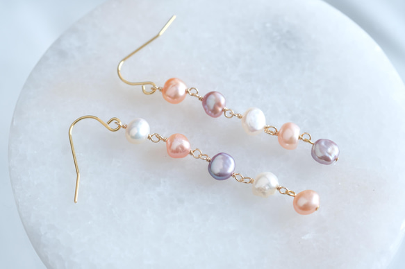 multi pink pearl earring：淡水バロックパール　ロングイヤリング・ピアス 2枚目の画像
