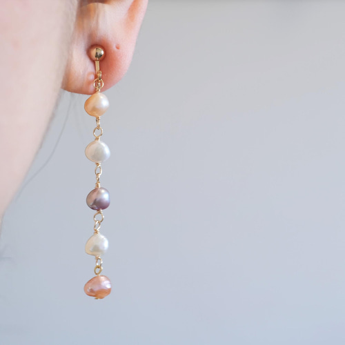 multi pink pearl earring：淡水バロックパール ロングイヤリング