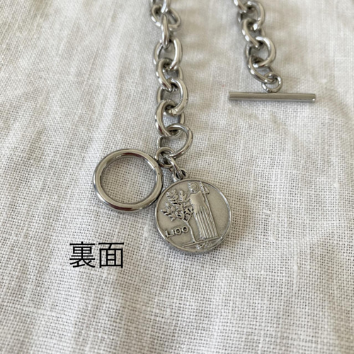 オールステンレス製 マンテルブレスレット コインチャーム付き