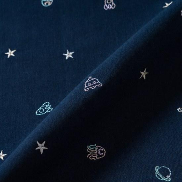 刺繍生地 【宇宙/ランダム/濃ネイビー/にじいろ】 カットクロス 綿ポリ