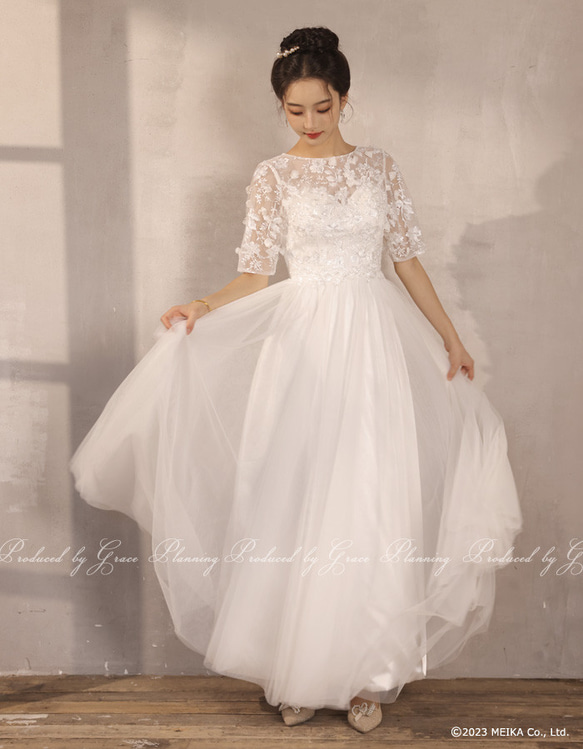 ウェディングドレス 袖付き 二次会 白・ベージュ 結婚式 花嫁ドレス 前撮り 海外挙式 1.5次会 0612 2枚目の画像