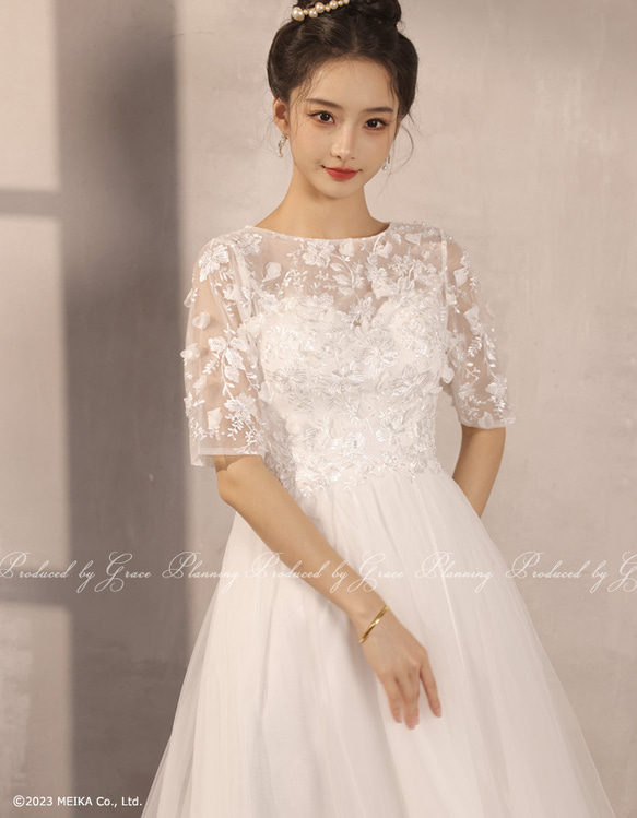 ウェディングドレス 袖付き 二次会 白・ベージュ 結婚式 花嫁ドレス 前撮り 海外挙式 1.5次会 0612 3枚目の画像