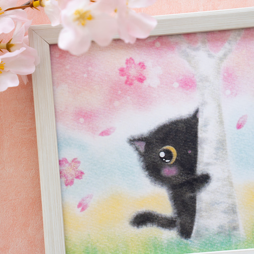 複製画】「黒猫ちゃん、桜の下で」 パステルアート ねこ ネコ 複製画】「黒猫ちゃん、桜の下で」 パステルアート ねこ ネコ