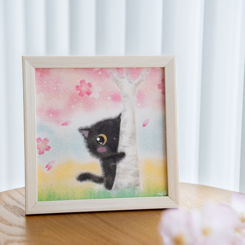 複製画】「黒猫ちゃん、桜の下で」 パステルアート ねこ ネコ 複製画】「黒猫ちゃん、桜の下で」 パステルアート ねこ ネコ