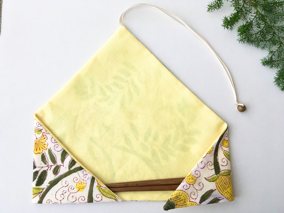 お箸袋　カトラリーケース　ブロックプリント　黄色1×レモンイエロー　木製ビーズ 6枚目の画像