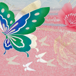正絹　ピンク地ぼかしと蝶柄振袖はぎれ　1m　和小物、つまみ細工などに 5枚目の画像