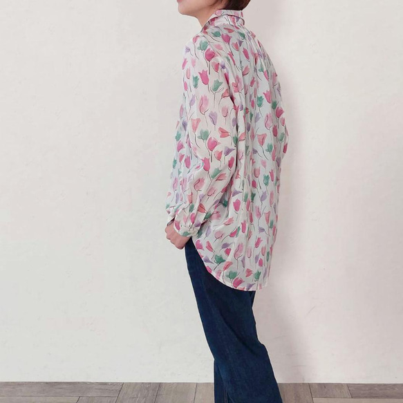 【送料無料】リバティ　Ａライン　ブラウス　長袖　チューリップシャドー　ピンクパープル　洋服　綿　Mサイズ　LIBERTY 6枚目の画像