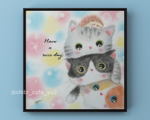 複製画】「Have a nice dayニャン♪」 ハリネズミ 猫 パステルアート