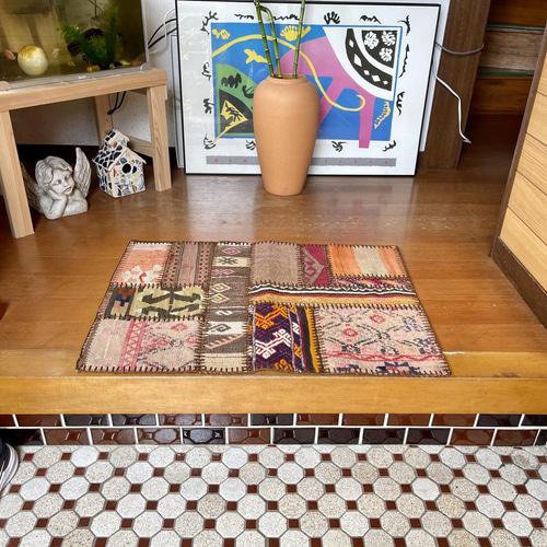 トルコ　ヴィンテージ　キリムパッチワークラグ　オレンジ　203-4 トルコ ヴィンテージ キリムパッチワークラグ オレンジ 203-4