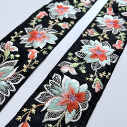 【50cm】インド刺繍リボン ブラックxオレンジxシーグリーン　シルク　SS333 3枚目の画像