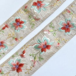 【50cm】インド刺繍リボン アイボリーxオレンジxシーグリーン　シルク　SS334 6枚目の画像